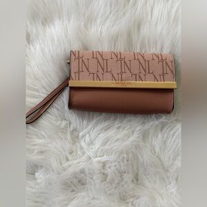 Nicole Lee Tan & Brown Logo Wristlet Clutch with Gold Accent